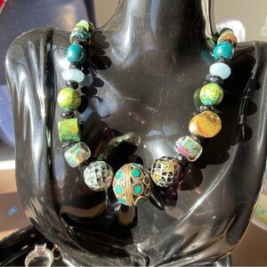 Handmade beaded necklace. Turquoise, handmade borosilicate glass, gems
